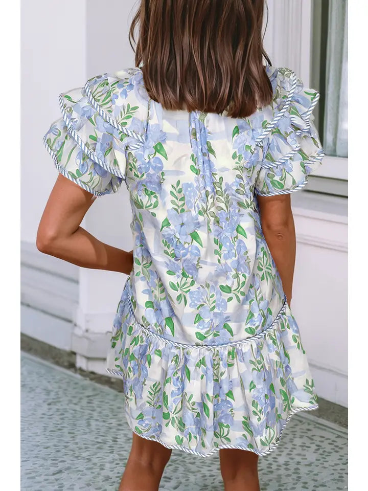 Blue Floral Contrast Edge Layered Short Sleeve Mini Dress