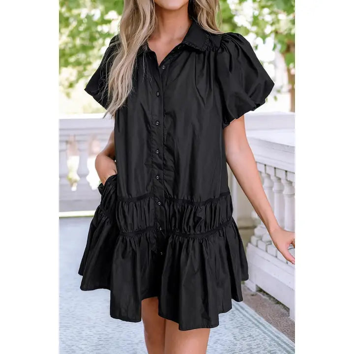Shirt Style Button Puff Sleeve Dress