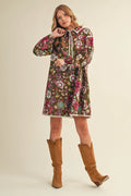 Exclusive Print Blanket Stitch Buttoned Mini Dress