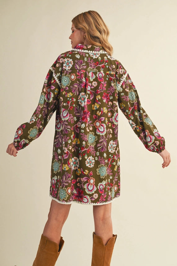 Exclusive Print Blanket Stitch Buttoned Mini Dress