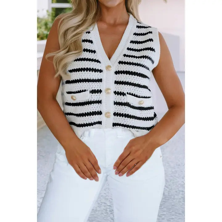 Stripe V-Neck Gold Button Sweater Vest
