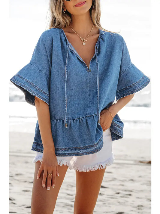 Denim Lace up Front Peplum Top