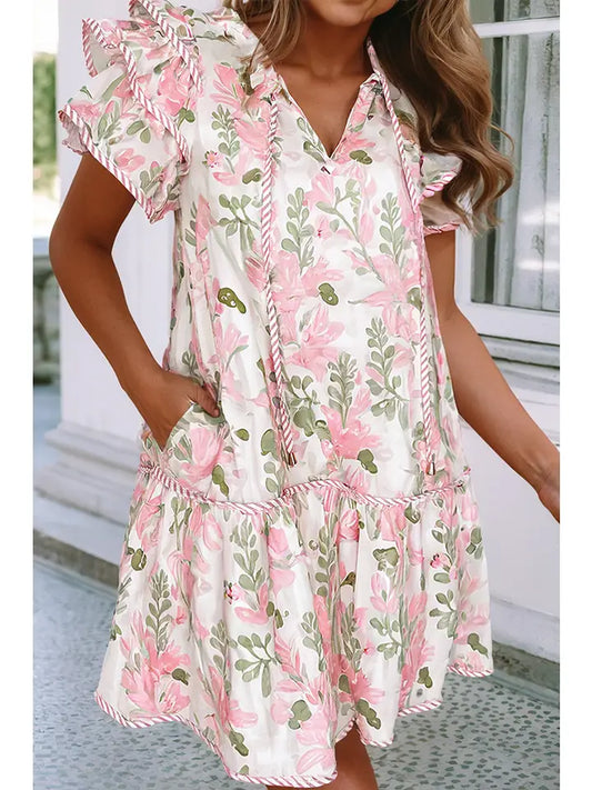 Pink Floral Contrast Edge Layered Short Sleeve Mini Dress
