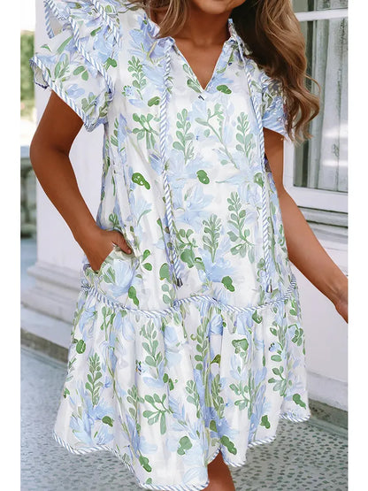 Blue Floral Contrast Edge Layered Short Sleeve Mini Dress