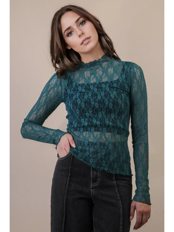 High Neck Fitted Sheer Mesh Lace Knit Top