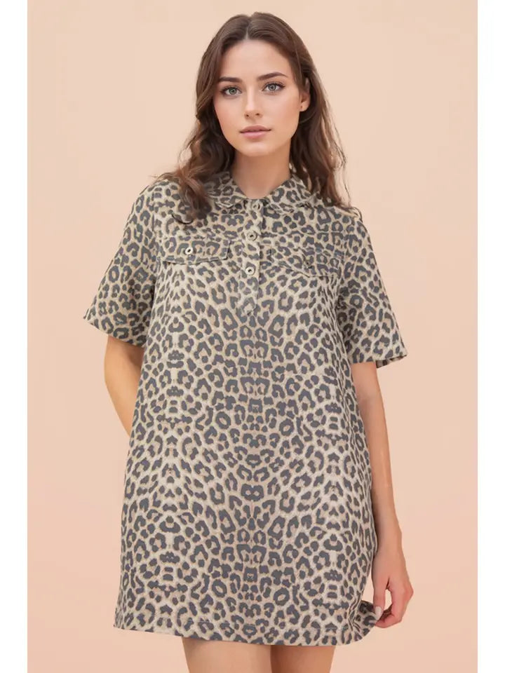 Leopard Printed Collared Casual Shift Mini Dress