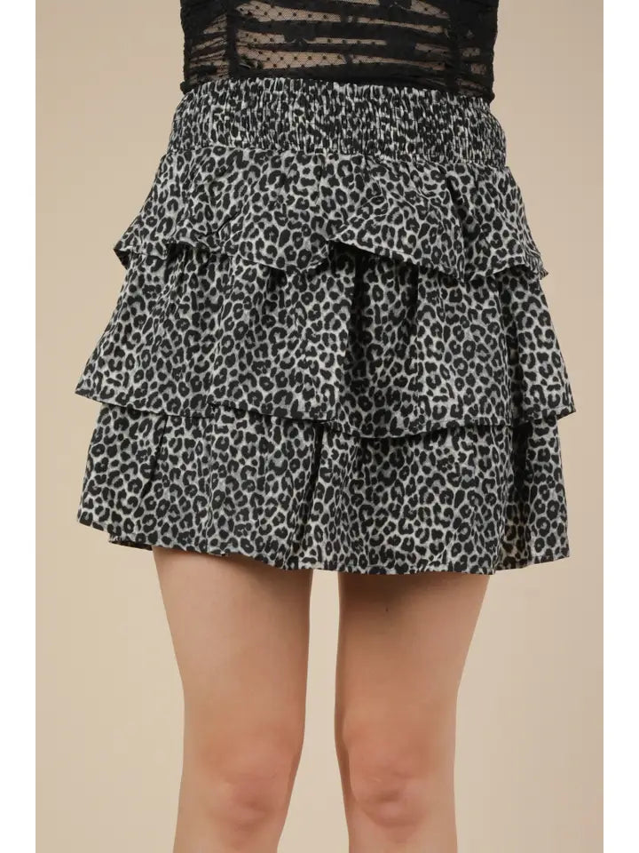 Leopard Printed Ruffled Layered Mini Skirt