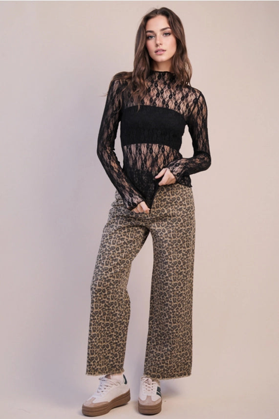 High Neck Fitted Sheer Mesh Lace Knit Top