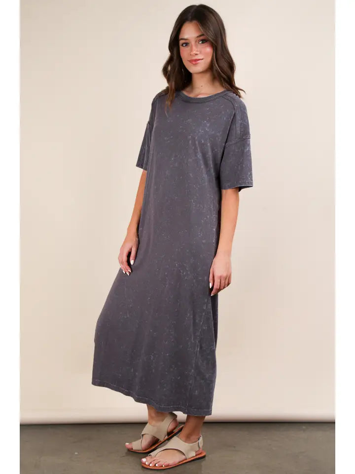 Mineral Washed Casual Comfy Midi Dress
