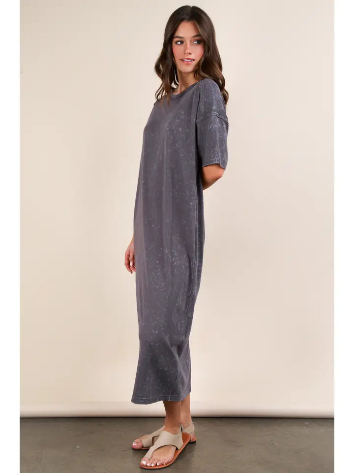 Mineral Washed Casual Comfy Midi Dress