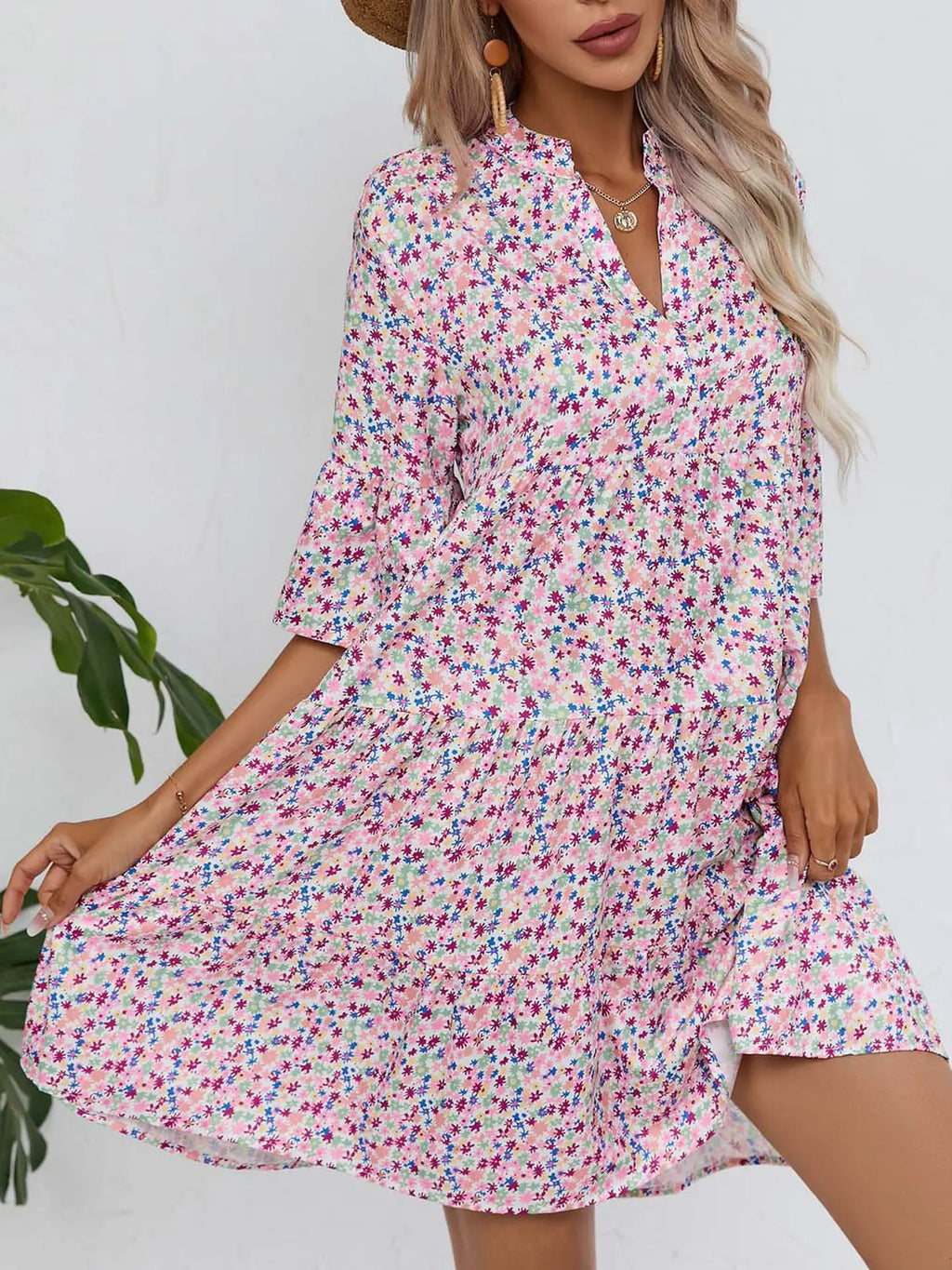 Loose V-neck Short Dress