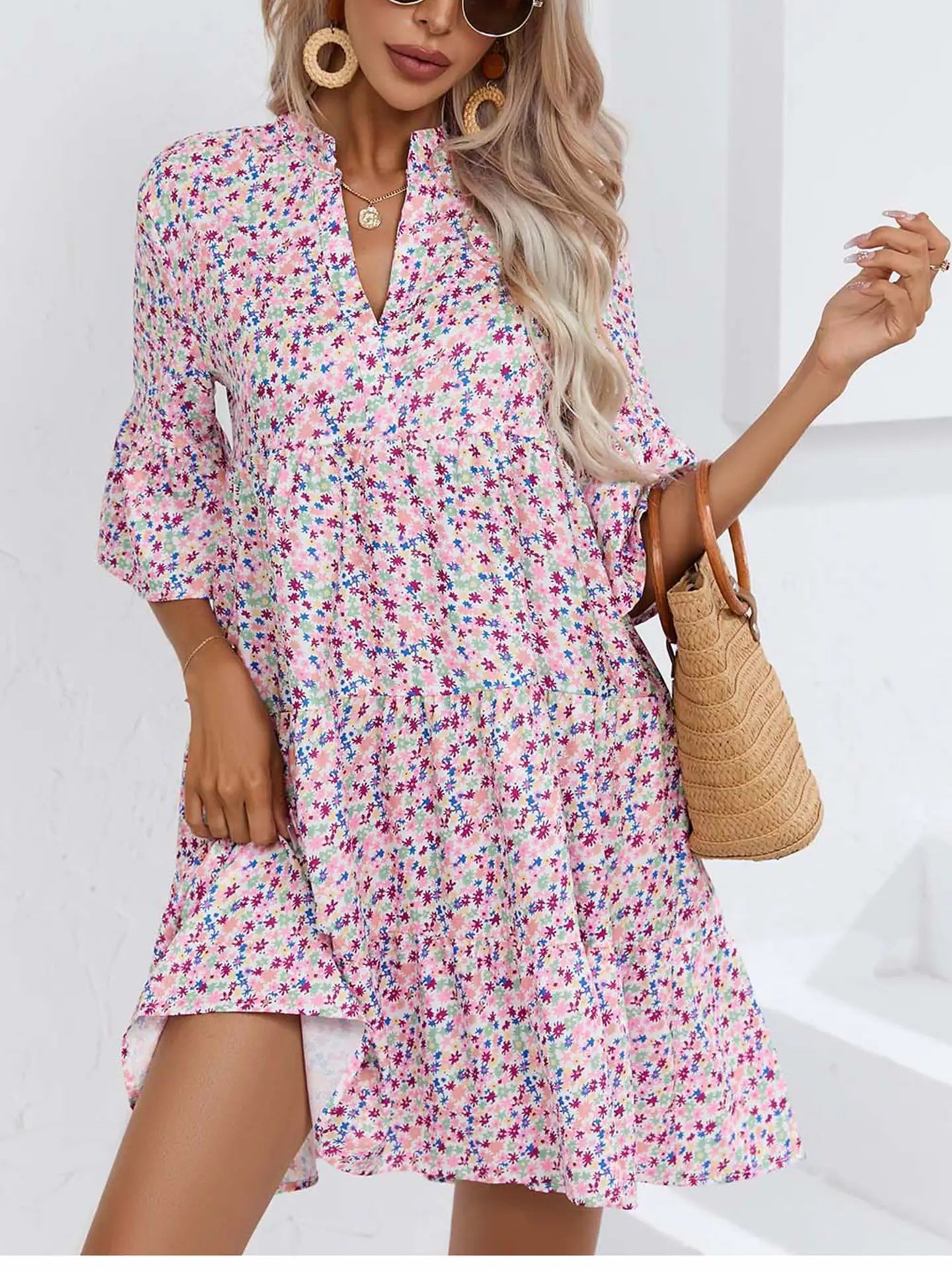 Loose V-neck Short Dress