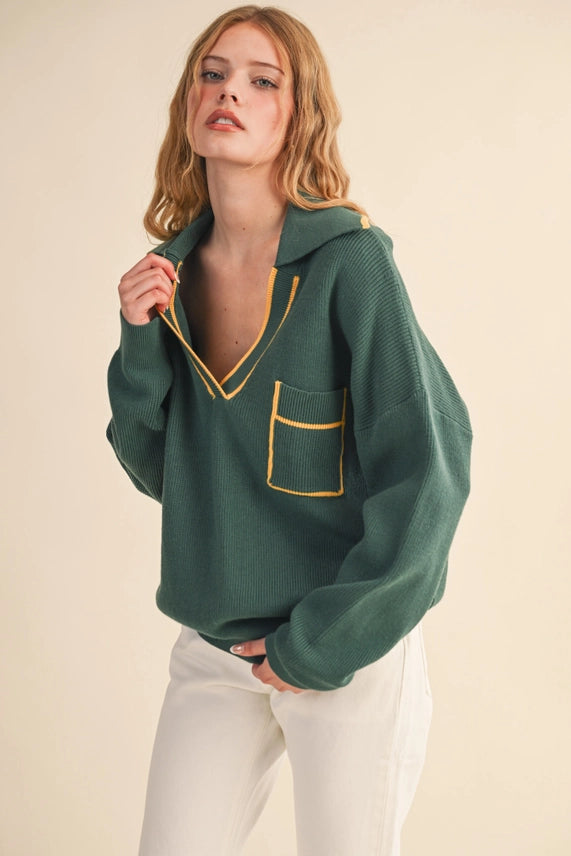 Ribbed Collared Pullover Sweater
