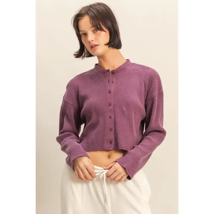 Waffle Long Sleeve Buttoned Crop Top