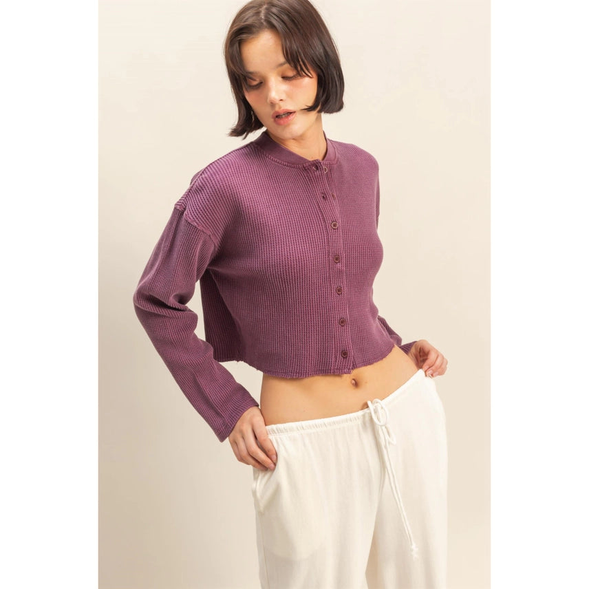 Waffle Long Sleeve Buttoned Crop Top