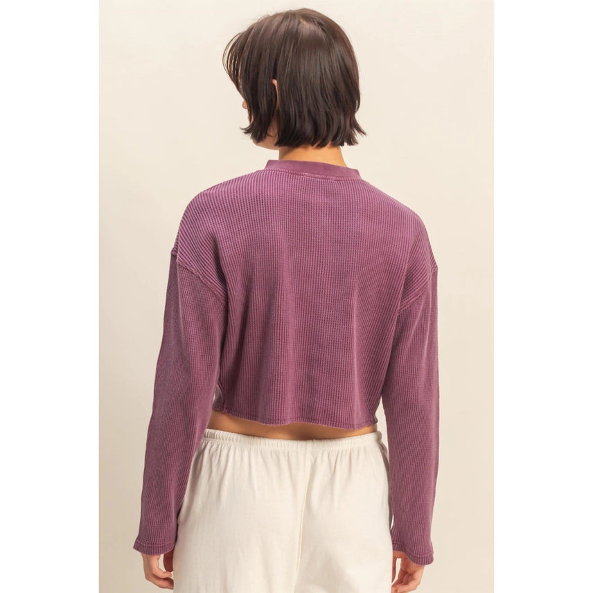 Waffle Long Sleeve Buttoned Crop Top