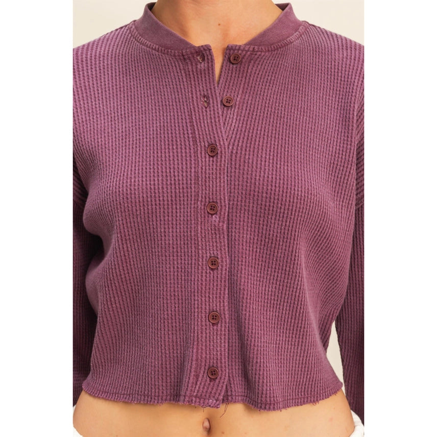 Waffle Long Sleeve Buttoned Crop Top